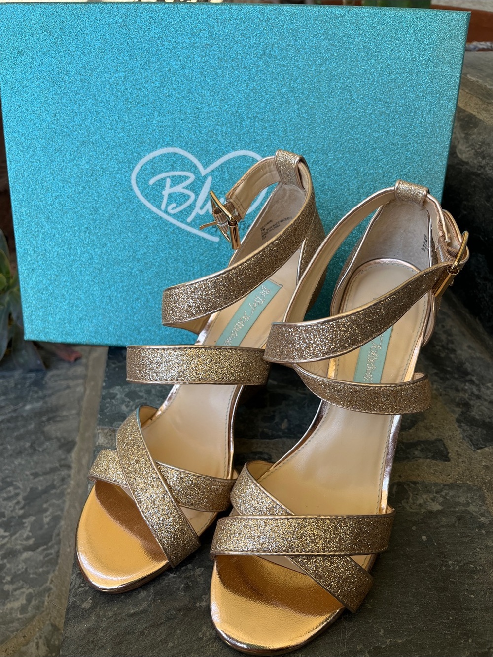 Blue by Betsey Johnson Gold Glitter Strappy Block Heel Sandals